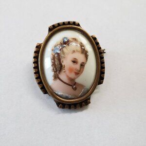 Vintage Limoges France Porcelain Lady Oval Brooch Pin